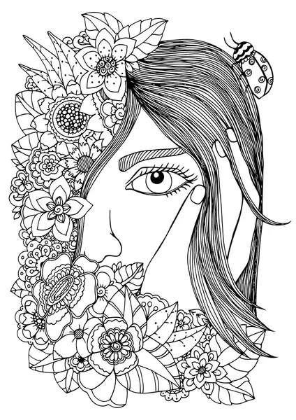 矢量插图女孩在花卉框架。涂鸦绘图。冥想运动。着色书抗压力成人。黑色白色. — 图库矢量图片