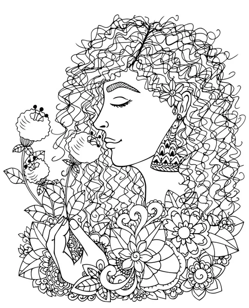 Wektor ilustracji, Dziewczyna trzyma kwiat. Doodle rysunek. Ćwiczenia medytacyjne. Kolorowanka anty stres dla dorosłych. Czarny biały. — Wektor stockowy