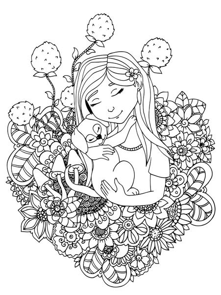 Απεικόνιση διανύσματος κορίτσι παιδί και κουτάβι στα λουλούδια. Σκίτσο. Διαλογιστική άσκηση. Βιβλίο ζωγραφικής αντι στρες για ενήλικες. Μαύρο λευκό. — Διανυσματικό Αρχείο