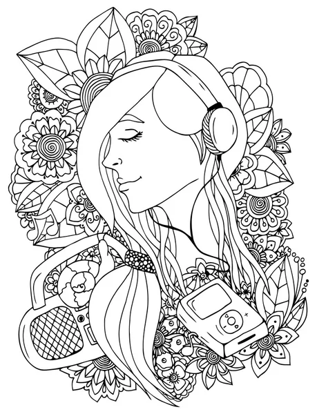 Vector illustration  girl and headphones in the flowers. Doodle drawing. Meditative exercise. Coloring book anti stress for adults. Black white. — Stock Vector