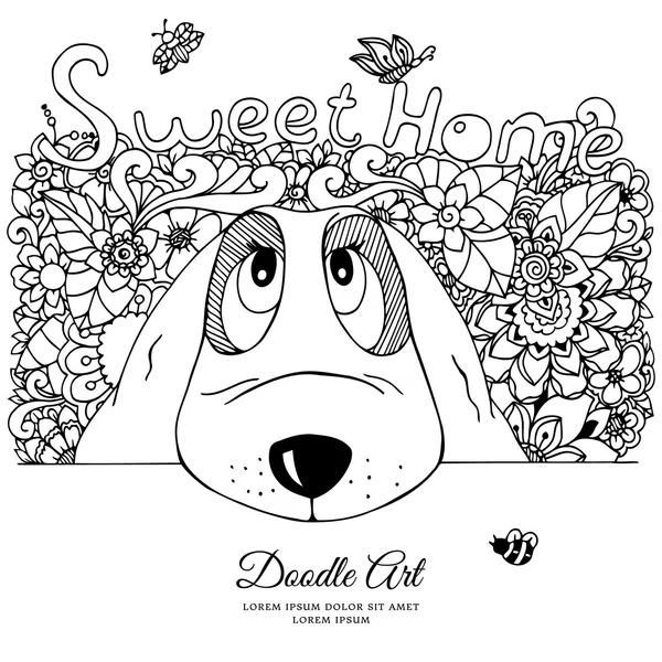 Ilustración vectorial, perro y flores Doodle dibujo. Ejercicio meditativo. Libro para colorear anti estrés para adultos. Blanco negro . — Vector de stock