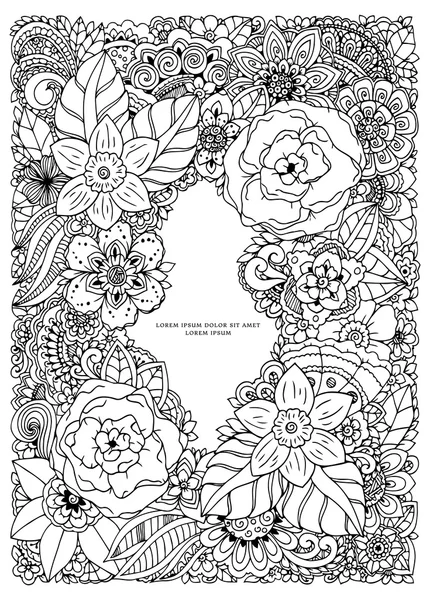 Ilustración vectorial, marco floral. Dibujo Doodle. Libro para colorear anti estrés para adultos. Ejercicios meditativos. Blanco negro . — Archivo Imágenes Vectoriales
