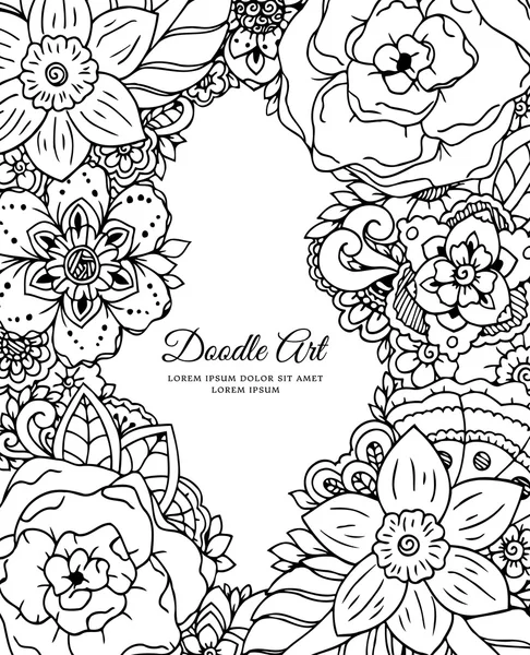 Ilustración vectorial, marco floral. Dibujo Doodle. Libro para colorear anti estrés para adultos. Ejercicios meditativos. Blanco negro . — Vector de stock