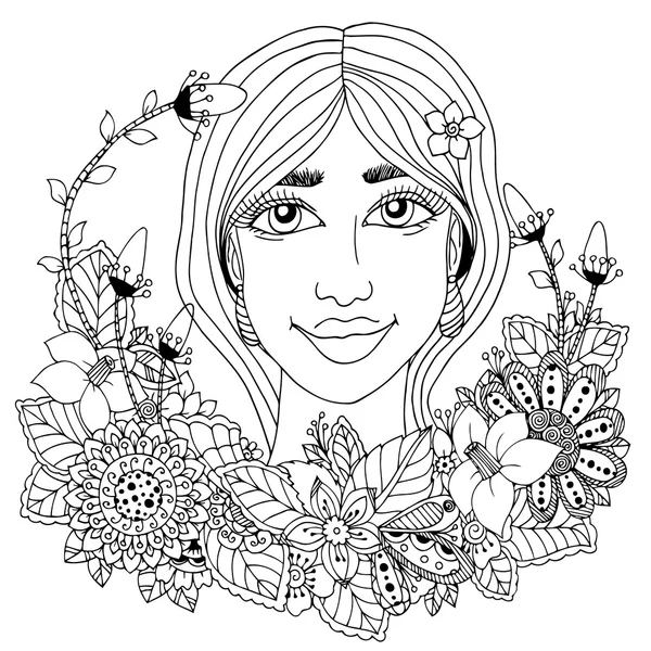 Chica de ilustración vectorial con flores en el pelo. Dibujo Doodle. Ejercicio meditativo. Libro para colorear anti estrés para adultos. Blanco negro . — Vector de stock