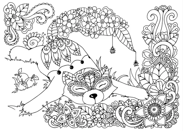 Ilustración vectorial, Fox, en las flores. Doodle dibujando setas. Libro para colorear anti estrés para adultos. Blanco negro . — Vector de stock