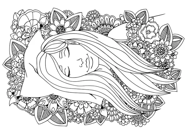Chica de ilustración vectorial durmiendo en una almohada en las flores. Dibujo Doodle. Ejercicio meditativo. Libro para colorear anti estrés para adultos. Blanco negro . — Vector de stock