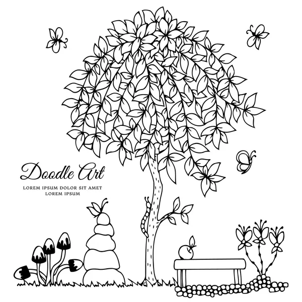 Ilustración vectorial, banco y un árbol. Dibujo Doodle. Libro para colorear anti estrés para adultos. Blanco negro . — Vector de stock