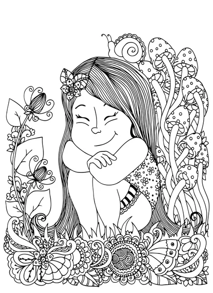 Illustration vectorielle, fille assise dans les fleurs, champignons. Doodle dessin floral. Un exercice méditatif. Livre à colorier anti stress pour adultes. Blanc noir . — Image vectorielle