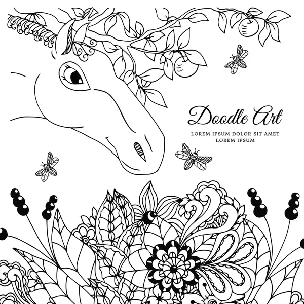 Vector illustration zentangl the horse in flowers. Doodle floral drawing. A meditative exercises. Coloring book anti stress for adults. Black white. — Stock Vector