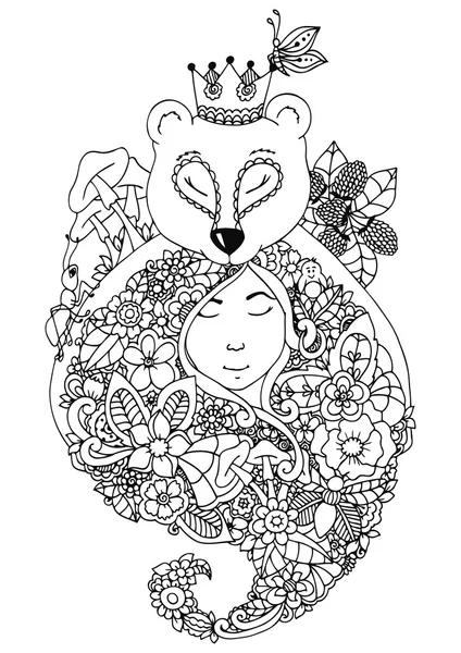 Illustration vectorielle zentangl ours et la fille dans les fleurs de la forêt. Doodle dessin floral. Un exercice méditatif. Livre à colorier anti stress pour adultes. Blanc noir . — Image vectorielle