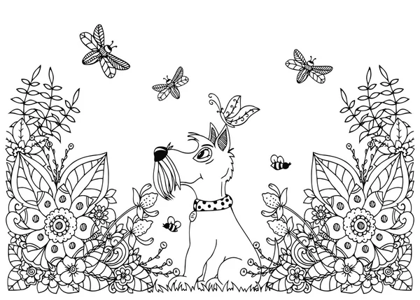 Vektor illustration zentangl hund i blommor. Doodle blommig ritning. En meditativ övningar. Målarbok anti stress för vuxna. Svart vit. — Stock vektor