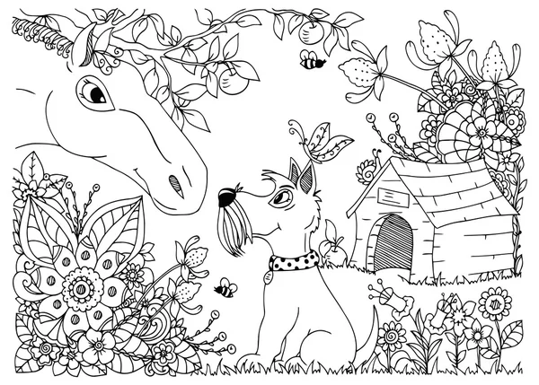 Vektor Illustration zentangl ein Pferd und Hund in den Blumen. Doodle Blumenzeichnung. Meditationsübungen. Malbuch gegen Stress für Erwachsene. schwarz weiß. — Stockvektor