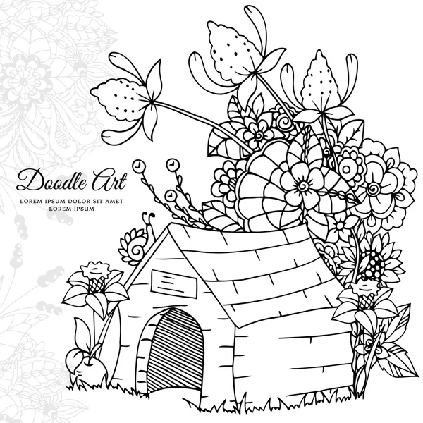 Ilustración vectorial zentangl, casa de perro en flores. Dibujo Doodle. Ejercicios meditativos. Libro para colorear anti estrés para adultos. Blanco negro . — Vector de stock