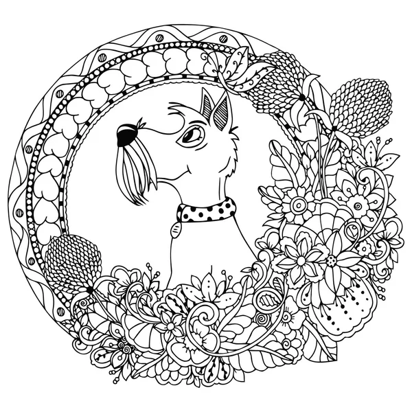 Illustration vectorielle chien zentangl dans un cadre floral circulaire. Dessin de caniche. exercices méditatifs. Livre à colorier anti stress pour adultes. Blanc noir . — Image vectorielle
