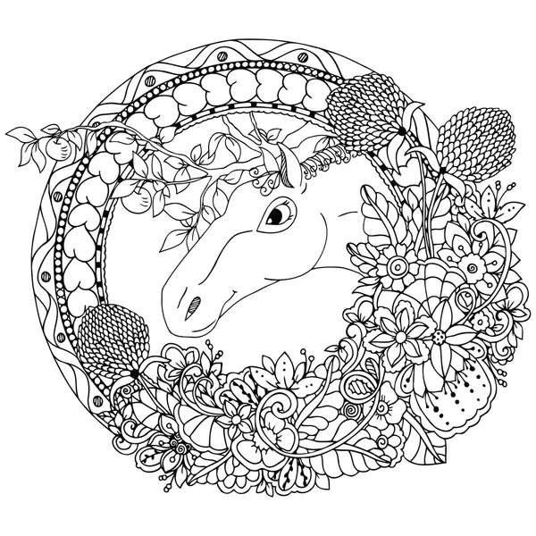 Vektor Illustration zentangl das Pferd in einem runden floralen Rahmen. Doodle-Zeichnung. Meditationsübungen. Malbuch gegen Stress für Erwachsene. schwarz weiß. — Stockvektor