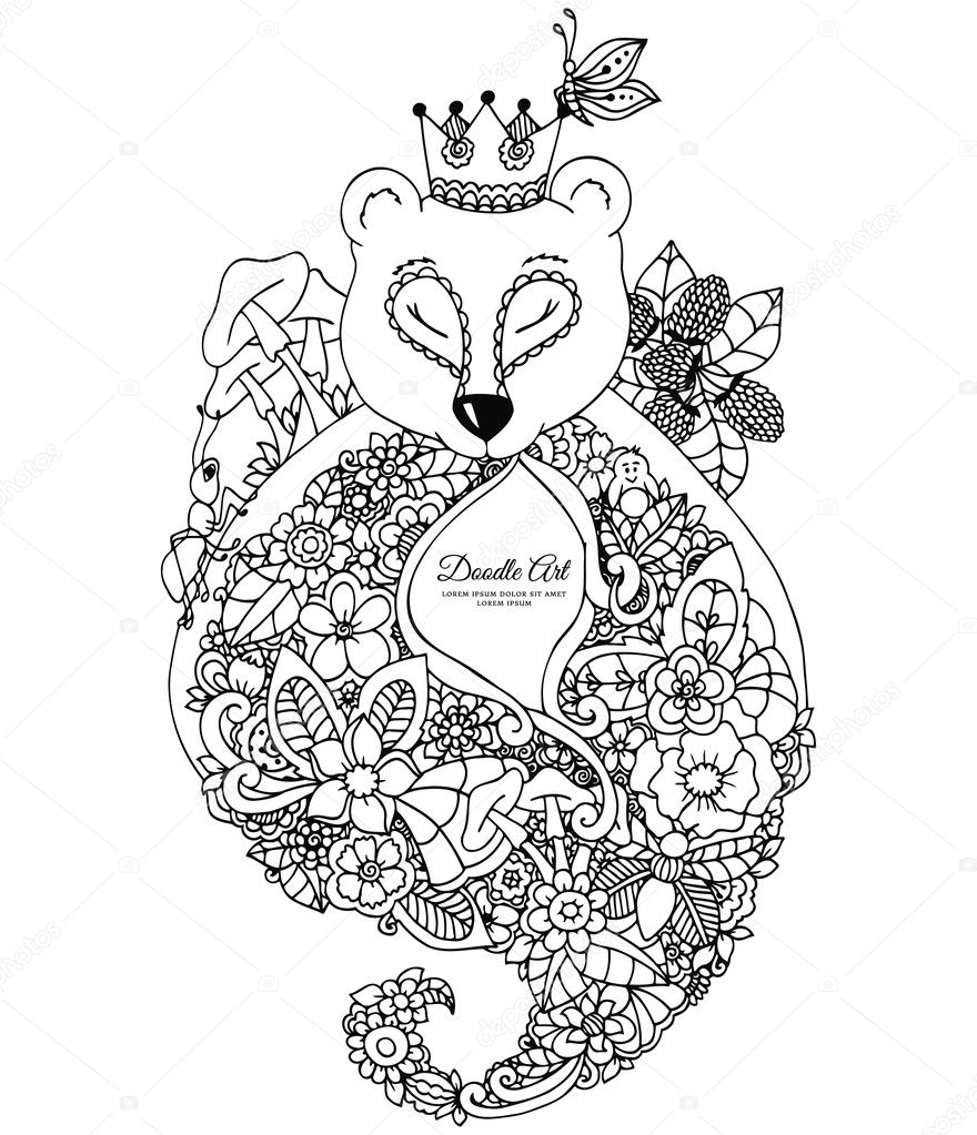 Vector illustration zentangl bear with flowers, frame. Doodle drawing. A meditative exercises. Coloring book anti stress for adults. Black white.