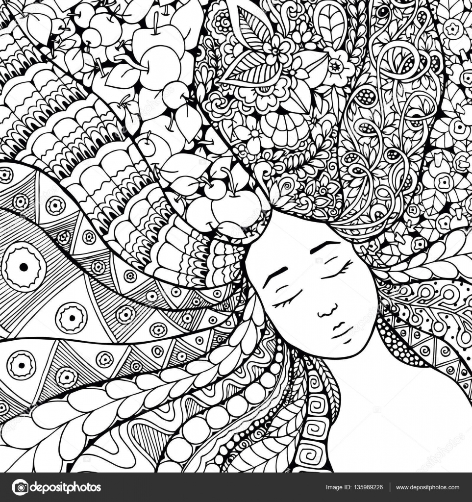 Vector illustration zentangl fille avec des fleurs dans les cheveux Doodle de dessin Exercice méditatif Livre   colorier anti stress