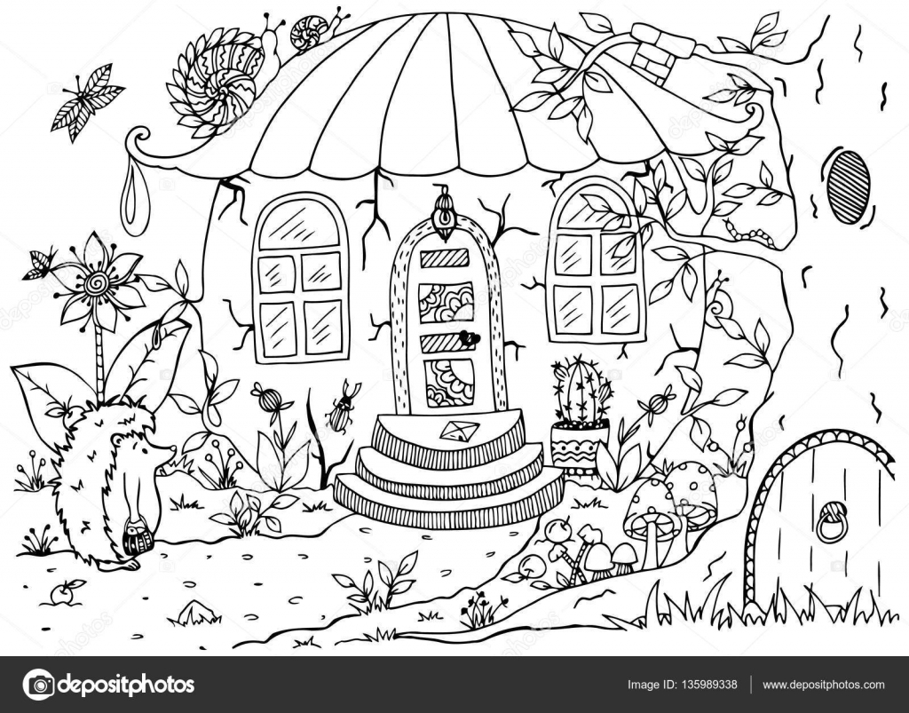 Vector Illustratie Zentagl Egel En Een Huis In Het Bos Doodle