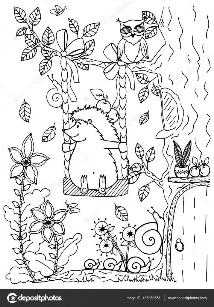 Doodle Illustratie Van Een Egel Op Een Schommel Vector Kleurplaat