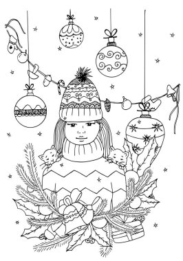 Zen dolaştırmak, illüstrasyon vektör kız ve Noel oyuncaklar. Çizim doodle. Meditatif egzersiz. Boyama kitabı anti stres yetişkinler için. Siyah ve beyaz.