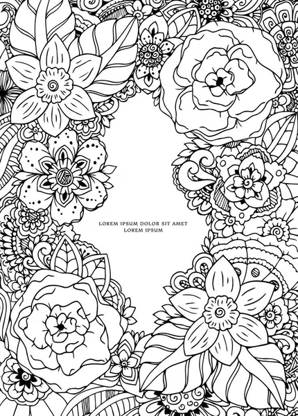 Ilustración vectorial zentangl, marco floral. Dibujo Doodle. Libro para colorear anti estrés para adultos. Ejercicios meditativos. Blanco negro . — Archivo Imágenes Vectoriales