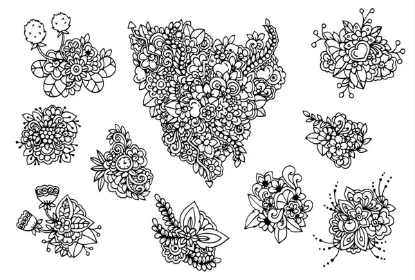 Illustration vectorielle Zen Tangle, un ensemble de fleurs. Dessin de caniche. Exercices méditatifs. Livre à colorier anti stress pour adultes. Noir et blanc . — Image vectorielle