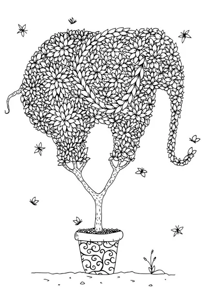 Векторная иллюстрация zentangl слон - дерево в горшке. Рисование каракулей. Медитативные упражнения. Раскраска книги антистресс для взрослых. Черное и белое . — стоковый вектор