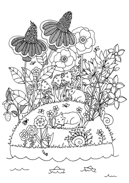 Ilustración vectorial zentangl, bosque en la isla de flores. Dibujo Doodle. Ejercicios meditativos. Libro para colorear anti estrés para adultos. Blanco negro . — Archivo Imágenes Vectoriales