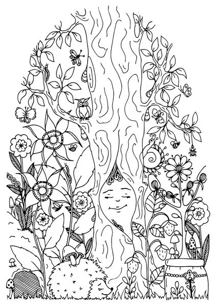 Векторная иллюстрация зентангля, ёжик в лесу и цветы. Рисование каракулей. Медитативные упражнения. Раскраска книги антистресс для взрослых. Черный белый . — стоковый вектор