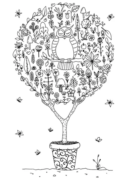 Illustrazione vettoriale zentangl, set rotondo con un gufo e fiori. Disegno Doodle. Esercizi meditativi. Libro da colorare anti stress per adulti. Bianco e nero . — Vettoriale Stock