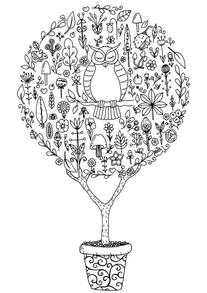 Illustrazione vettoriale zentangl, set rotondo con un gufo e fiori. Disegno Doodle. Esercizi meditativi. Libro da colorare anti stress per adulti. Bianco nero . — Vettoriale Stock
