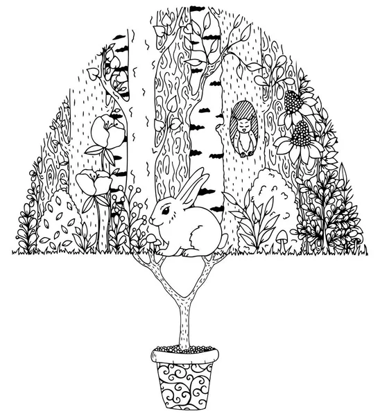 Illustrazione vettoriale zentangl, lepre nella foresta. Disegno Doodle. Esercizi meditativi. Libro da colorare anti stress per adulti. Bianco nero . — Vettoriale Stock