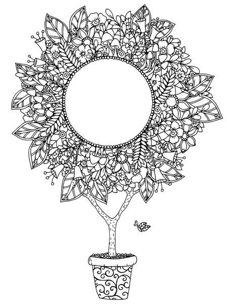 Illustration vectorielle cadre floral rond zentangl. Dessin de caniche. Exercices méditatifs. Livre à colorier anti stress pour adultes. Blanc noir . — Image vectorielle