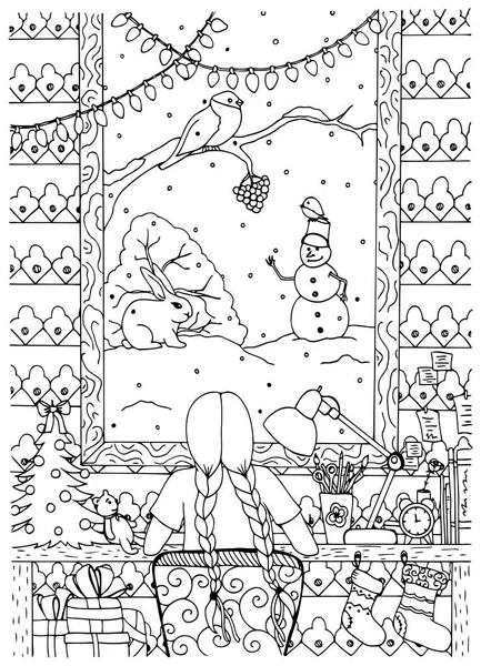 Illustrazione vettoriale Zen Tangle Christmas, bambina seduta a tavola. Disegno Doodle. Esercizio meditativo. Libro da colorare anti stress per adulti. Bianco e nero . — Vettoriale Stock