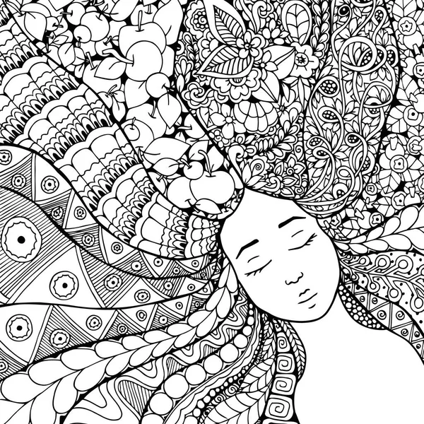 Векторная иллюстрация: девушка с цветами в волосах. Рисование каракулей. Медитативные упражнения. Раскраска книги антистресс для взрослых. Черное и белое . — стоковый вектор