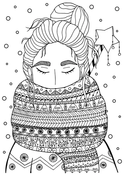 Illustration vectorielle de Noël fille zentangl dans l'écharpe. Dessin de caniche. Livre à colorier anti stress pour adultes. Exercices méditatifs. Blanc noir . — Image vectorielle