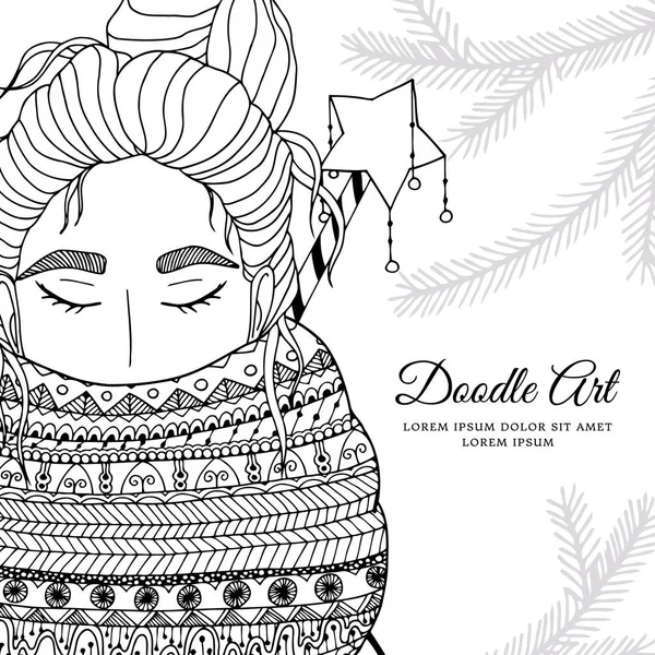 Ilustración vectorial navideña chica zentangl en bufanda. Dibujo Doodle. Libro para colorear anti estrés para adultos. Ejercicios meditativos. Blanco y negro . — Vector de stock