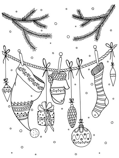 Ilustración vectorial de Navidad, elementos del zentangl del Año Nuevo que cuelgan en una cuerda.. Dibujo del doodle. Libro para colorear anti estrés para adultos. Ejercicios meditativos. Blanco y negro . — Archivo Imágenes Vectoriales