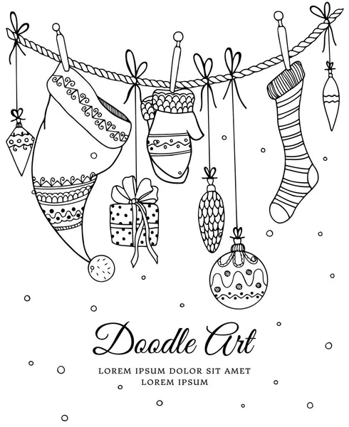 Ilustración vectorial de Navidad, elementos del zentangl del Año Nuevo que cuelgan en una cuerda.. Dibujo del doodle. Libro para colorear anti estrés para adultos. Ejercicios meditativos. Blanco y negro . — Archivo Imágenes Vectoriales