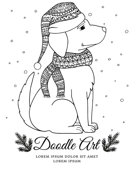 ベクトル クリスマス イラスト zentangl 犬のスカーフと帽子。落書きを描画します。アンチ ストレス大人のための塗り絵。瞑想的なエクササイズ。黒と白. — ストックベクタ