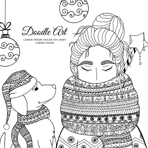 Ilustración vectorial de Navidad zentangl niña y perro en una bufanda. Dibujo Doodle. Libro para colorear anti estrés para adultos. Ejercicios meditativos. Blanco y negro . — Archivo Imágenes Vectoriales