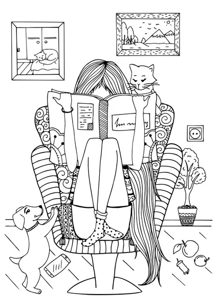 Vektor illustration zentangl flicka sitter i en stol som en bok. Doodle ritning. Målarbok anti stress för vuxna. Meditativa övningar. Svart och vitt. — Stock vektor