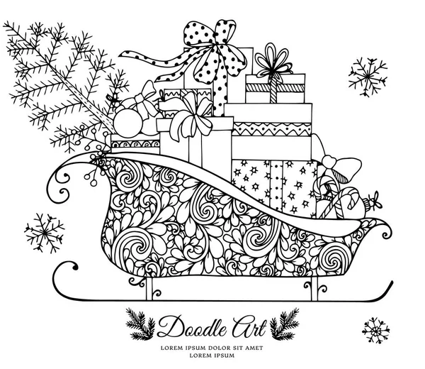 Ilustración vectorial de la Navidad, trineo de Santas lleno de regalos. Dibujo Doodle. Hecho a mano. Libro para colorear anti estrés para adultos. Blanco y negro . — Archivo Imágenes Vectoriales