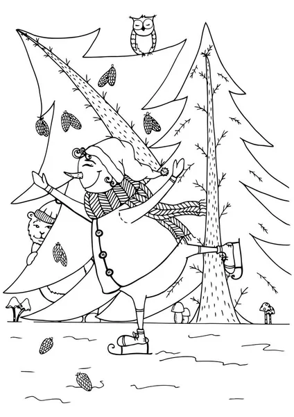 Vector ilustração zentagl snowman patinação. Ano Novo. Desenho de rabiscos. Exercícios meditativos. Livro para colorir anti-stress para adultos e crianças. Preto e branco . —  Vetores de Stock