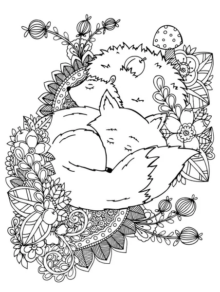 矢量图 zentagl、 刺猬和狐狸睡在花丛中。涂鸦画。冥想练习。着色图书抗成人儿童压力。黑色白色. — 图库矢量图片