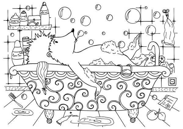 A ilustração do doodle de um ouriço é banhada no banho. Vector. Desenho para colorir Anti stress para adultos e crianças. Preto e branco . — Vetor de Stock