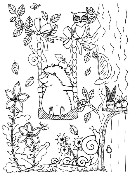 Doodle ilustración de un erizo en un columpio. Vector. Dibujos para colorear Anti-estrés para adultos y niños. Blanco y negro . — Vector de stock