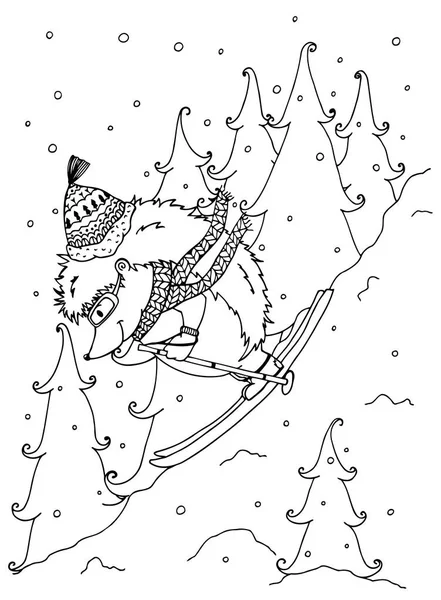 Ilustración Doodle erizo en esquís. Vector. Dibujos para colorear Anti-estrés para adultos y niños. Blanco y negro . — Archivo Imágenes Vectoriales