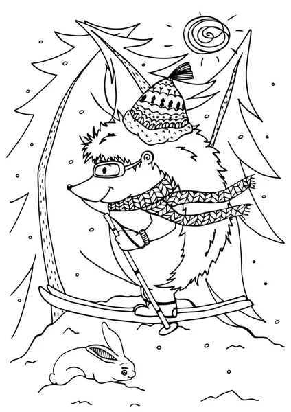Doodle ilustração ouriço em esquis. Vector. Desenho para colorir Anti-stress para adultos e crianças. Preto e branco . —  Vetores de Stock