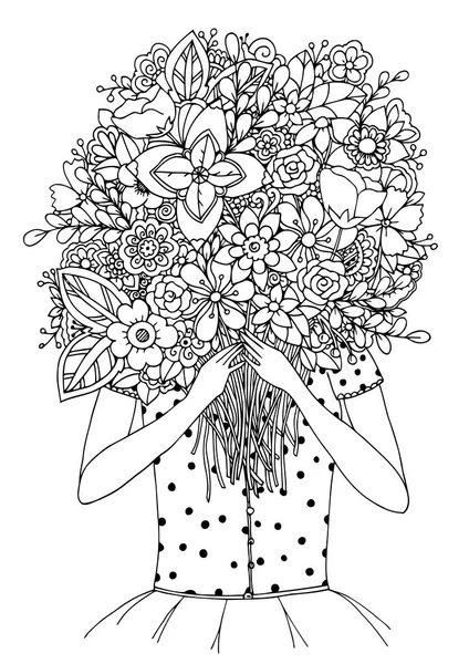 Vector illustration zentangl, a girl and  bouquet of flowers. Doodle drawing. Meditative exercises. Coloring book anti stress for adults. Black white. Royalty Free Stock Vectors